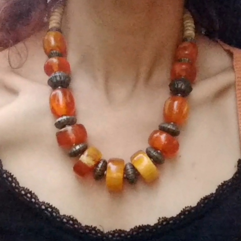 Antique Multicolored Baltic Amber  Oversized Chunky Tribal Necklace